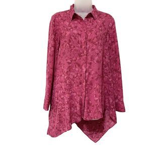 H Halston Pink Floral Long Sleeve Asymmetrical Hem Tunic Button Top Size SP